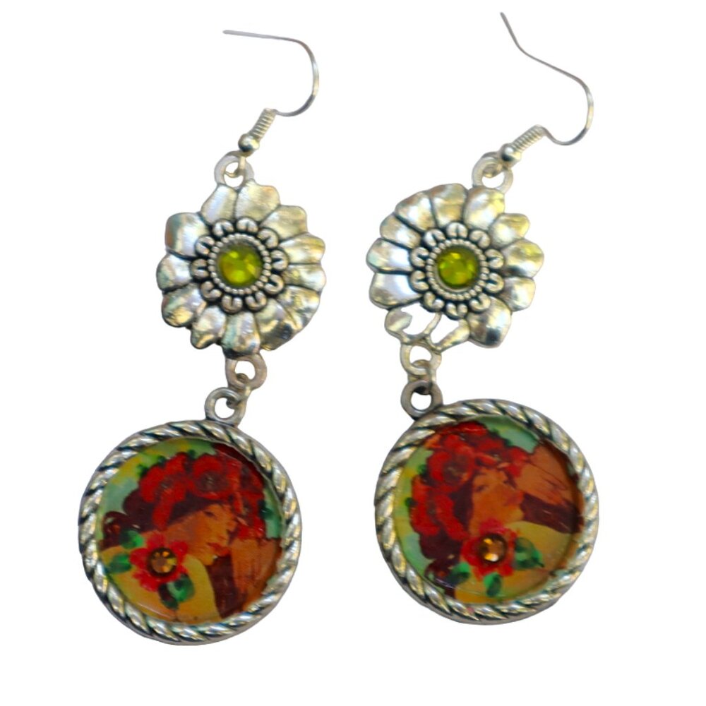NEW Mucha Art Nouveau Silver Dangle Earrings Romantic Vintage Style Boho Jewelry